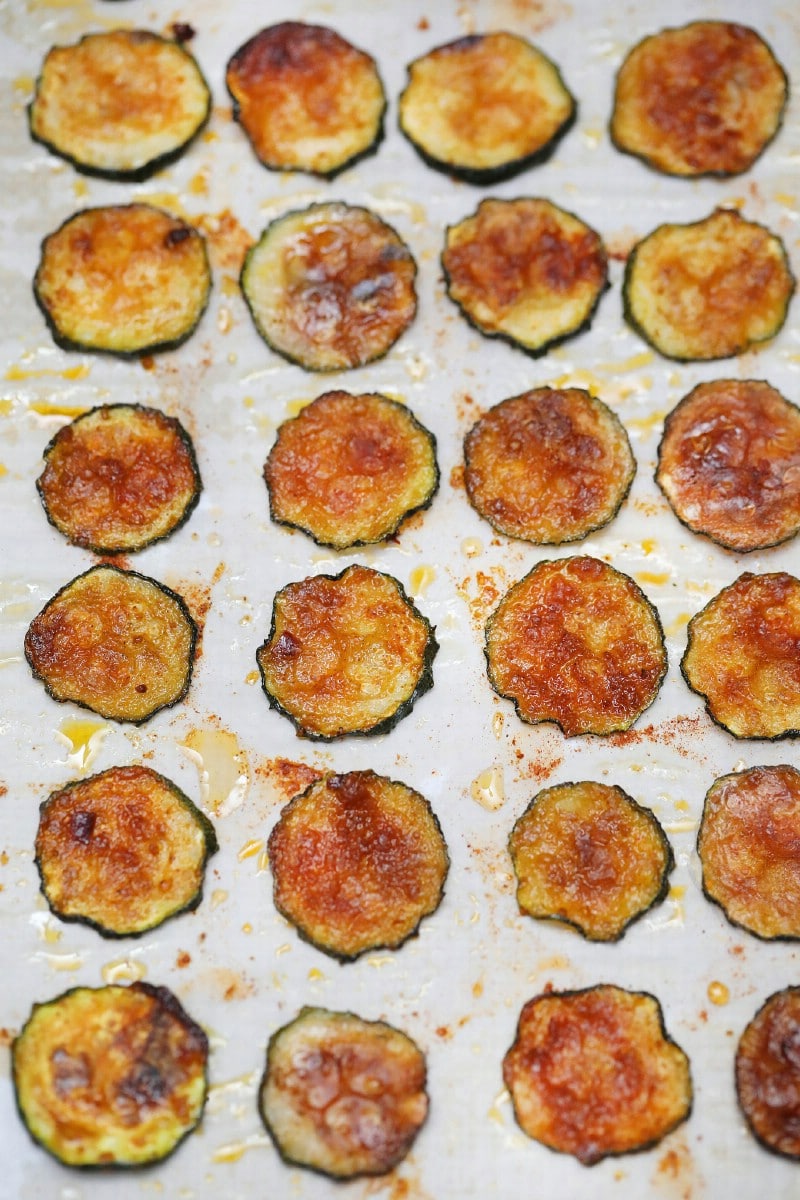 Zucchini chips baked on cookie sheet