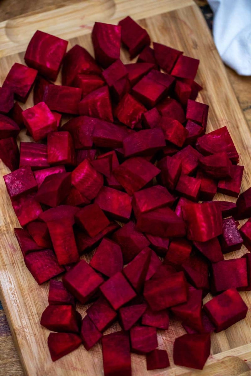 Diced beets on a cutting board