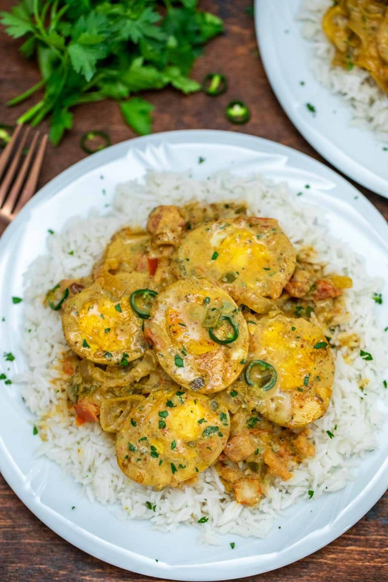 White plate with rice and egg curry