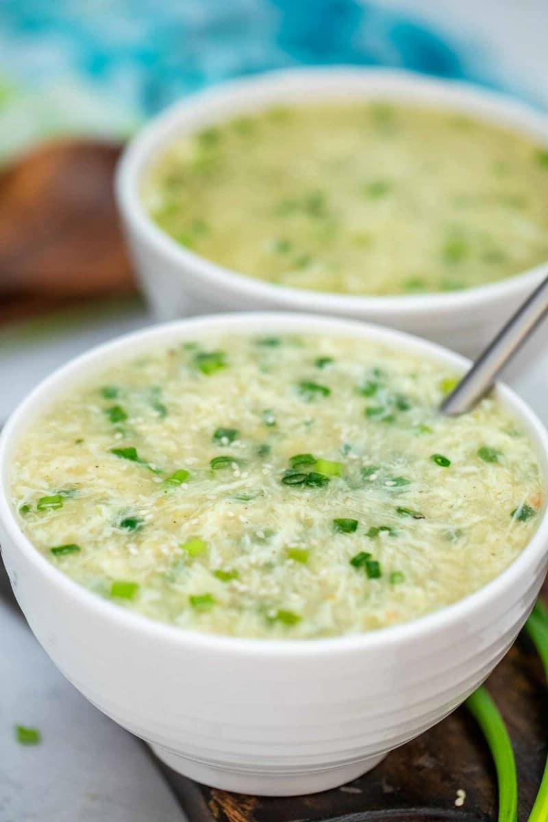 Egg drop soup in a white bowl