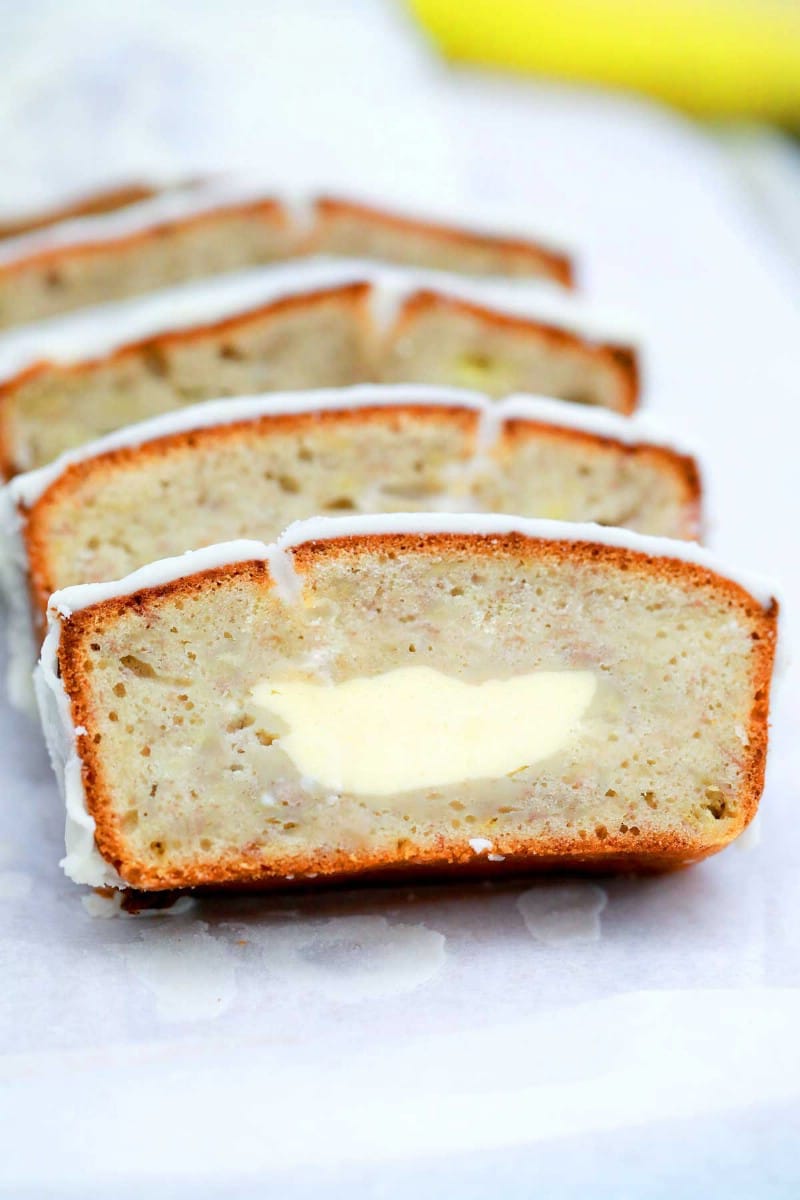 Slices of cheesecake banana bread