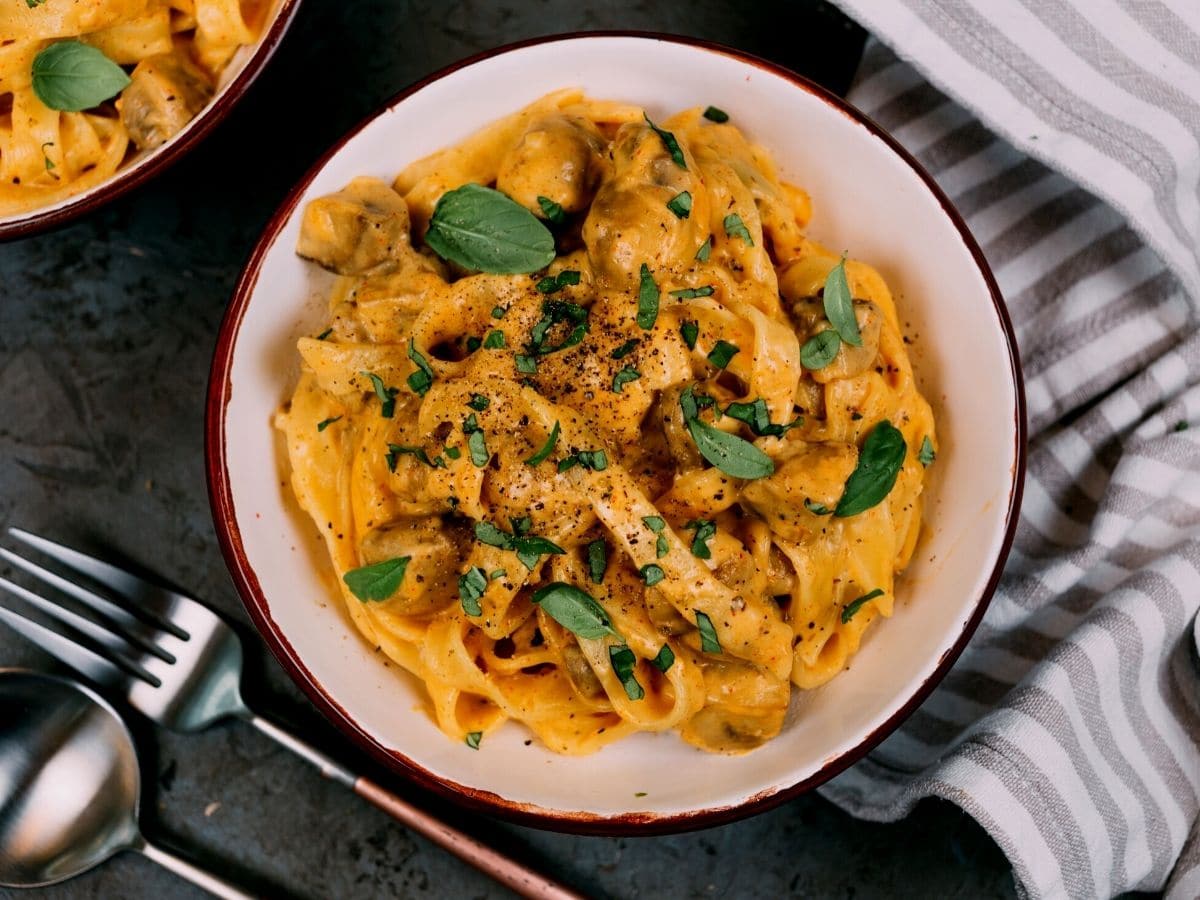 Mushroom stroganoff in a white bowl