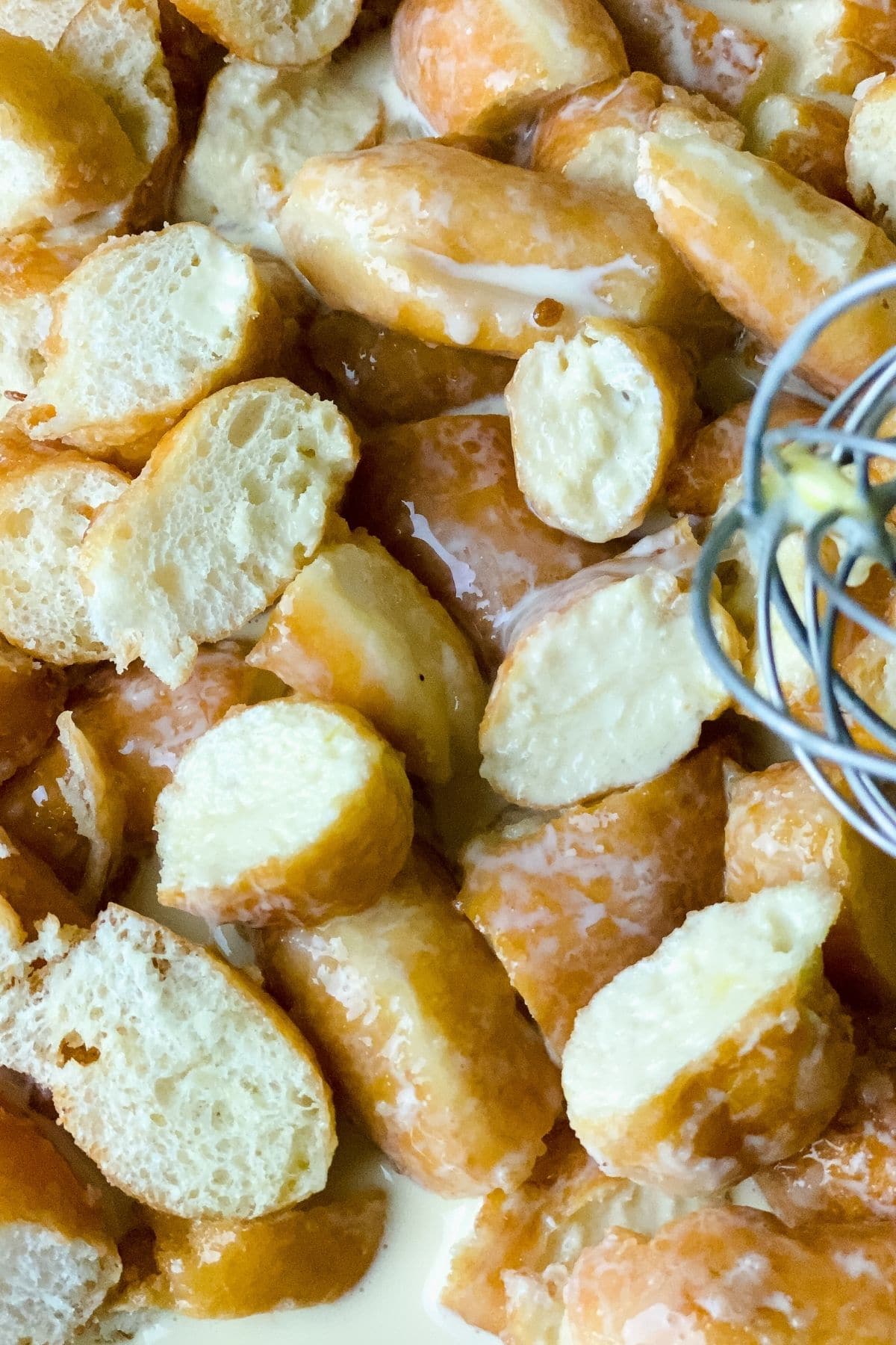 Sliced donuts in pan