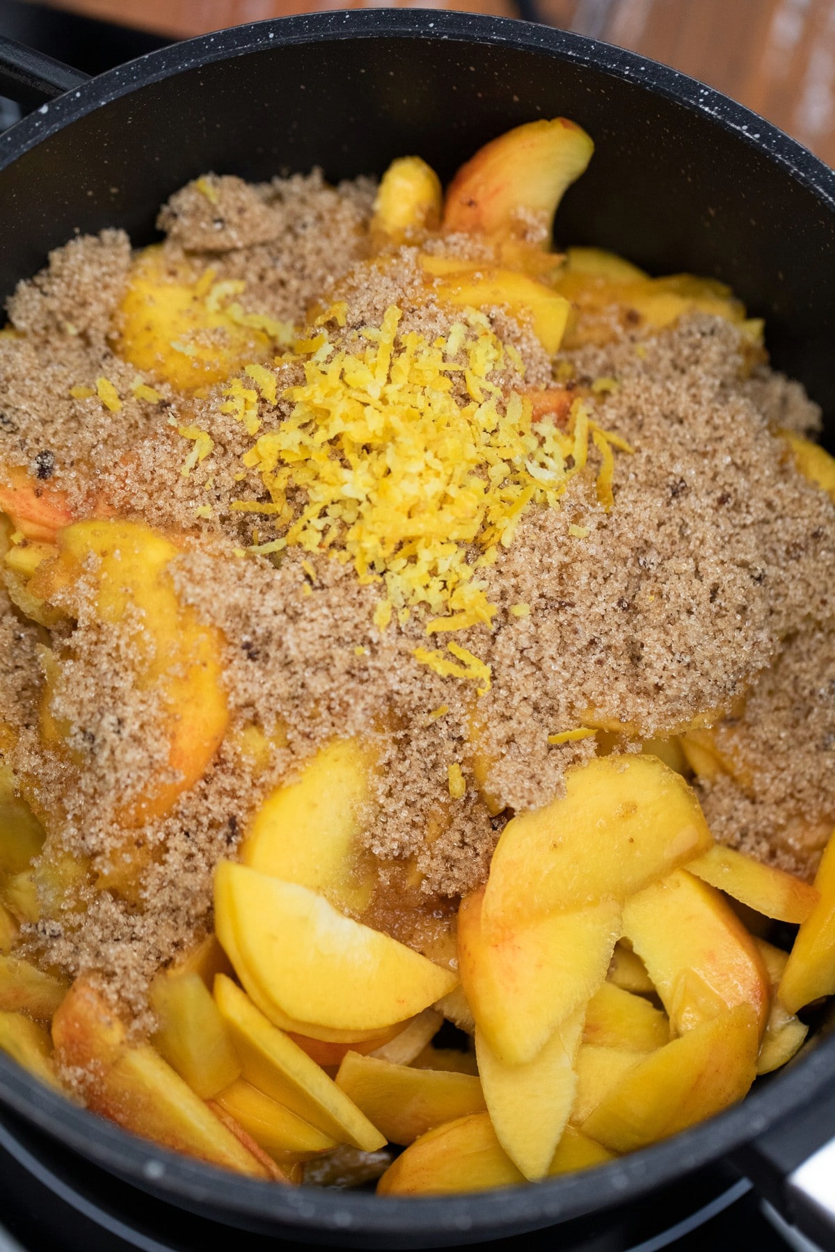 Peach pie filling in skillet