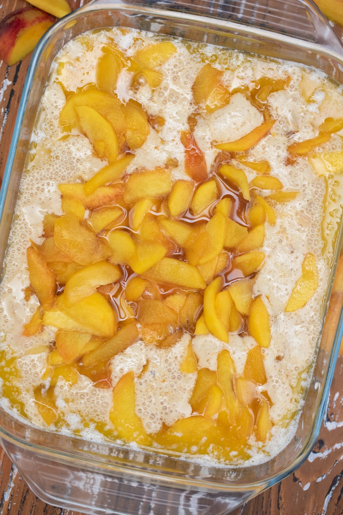 Peaches over batter in casserole