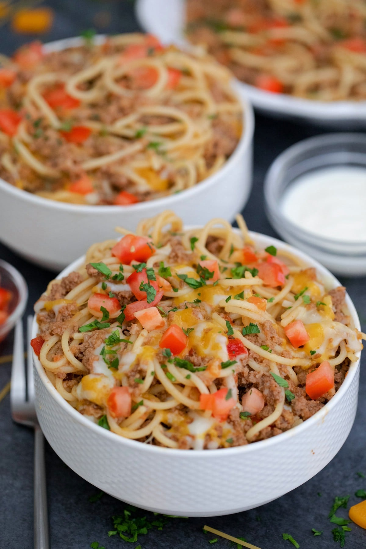 White bowl of taco spaghetti