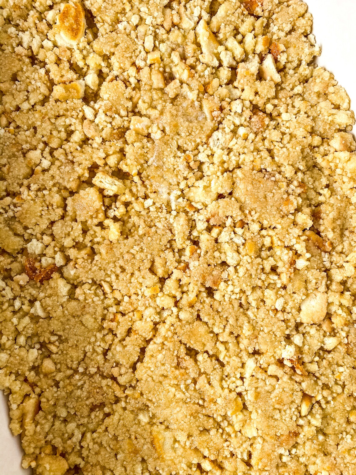 Cookie crumbs in baking dish
