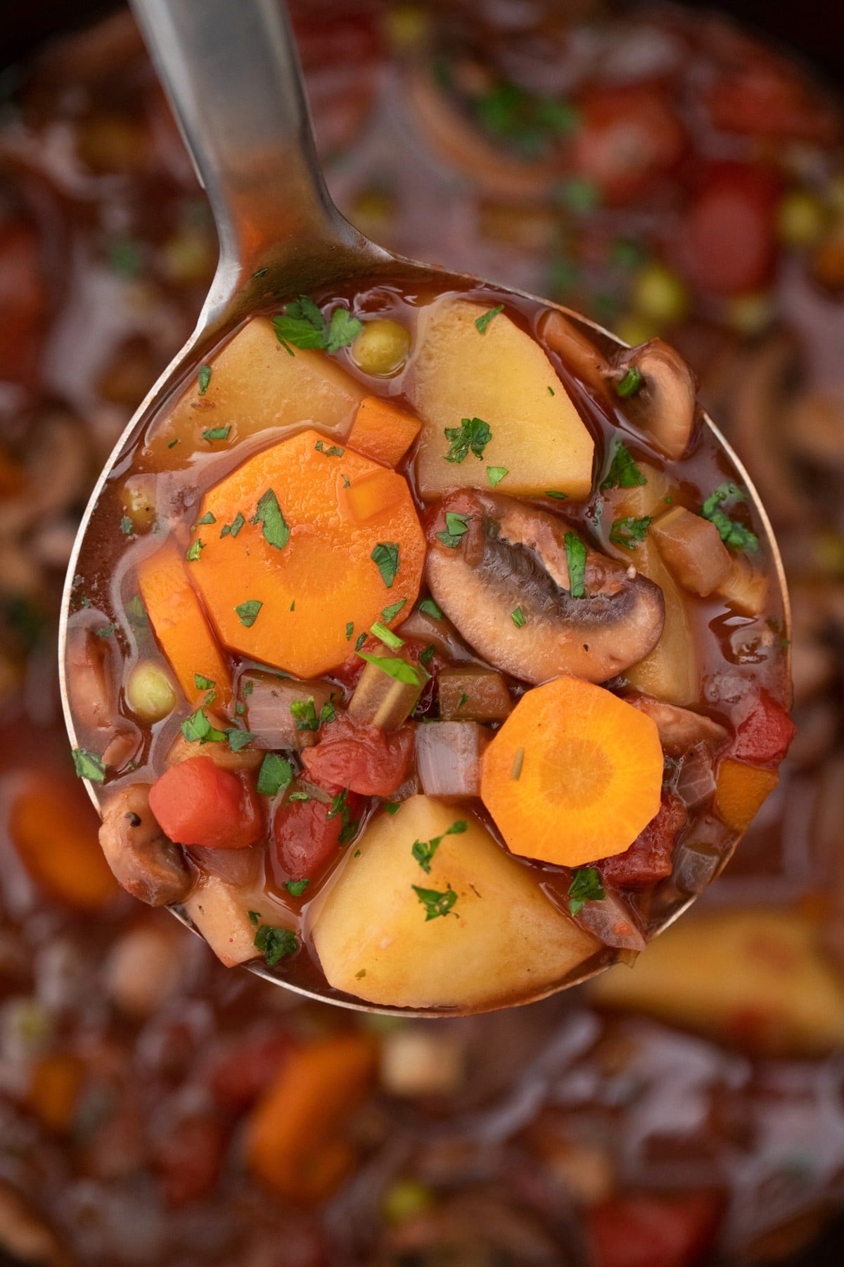 Large spoon of vegetable soup hovering over pan