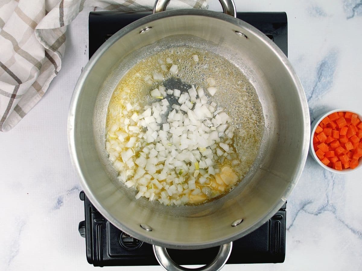 Onions in saucepan on hot plate