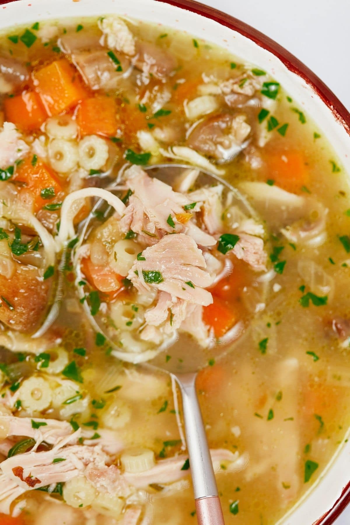 Spoon of soup in white bowl with red trim
