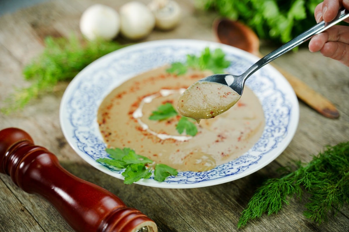 spoon in blue and white bowl of mushroom soup