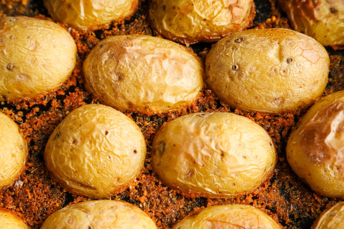 potato halves on top of roasted cheese