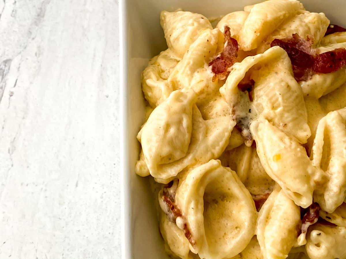 square white bowl of macaroni shells and cheese