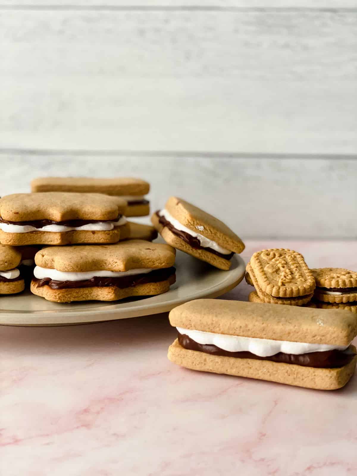 several s'mores cookies stacked on plate
